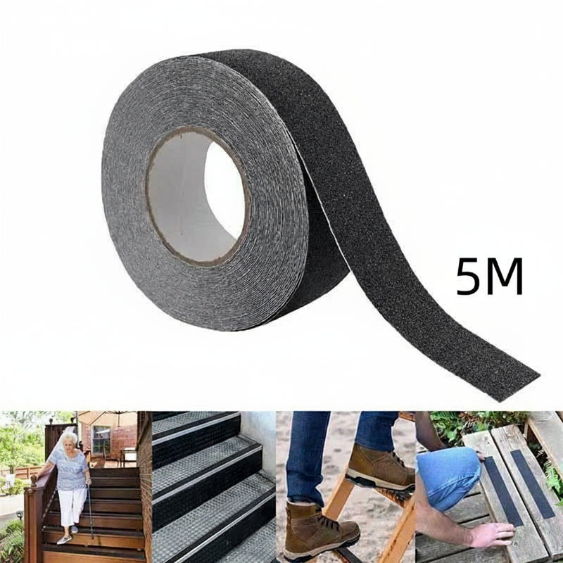 Bande antidérapante adhésive noire 5 mètres, ruban de sécurité pour escaliers, sols et surfaces glissantes, adhérence haute résistance.