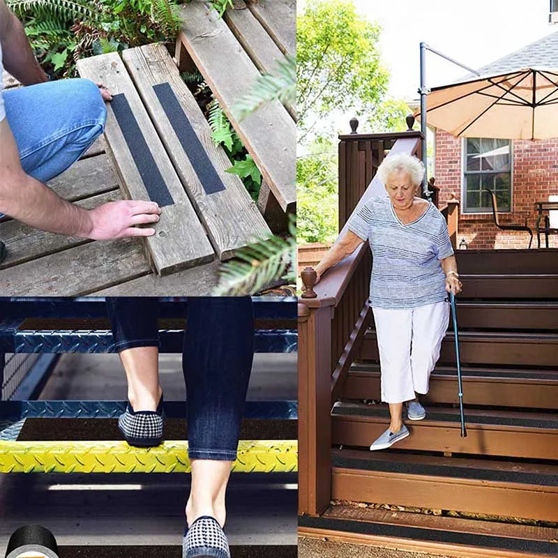 Bande antidérapante adhésive appliquée sur des marches extérieures en bois et métal, sécurisant les déplacements des seniors et prévenant les chutes.